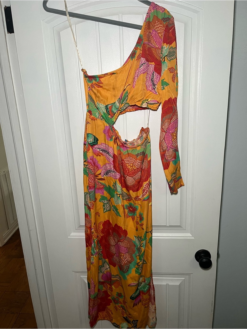 FARM Rio Mustard One-Shoulder Floral Cutout Maxi Dress